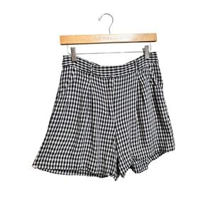 Max Studio Gingham Linen Blend Pleated Shorts Navy White M